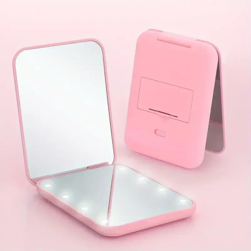 Mini Espelho de Maquiagem Compacto Led Com Luz 2X Ampliação Pequeno Bolso Portátil Viagem Rosa Preto Espelhos de Vaidade Cosméticos Dobráveis